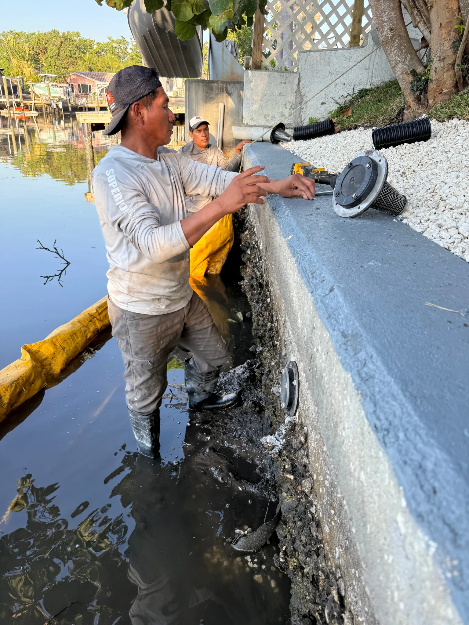 Finished seawall with jet filters after repair