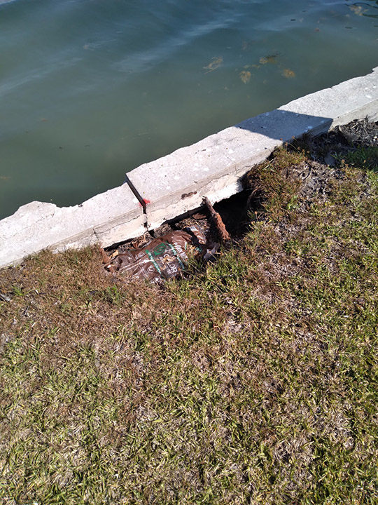 Eroded seawall with wash-out void before repair