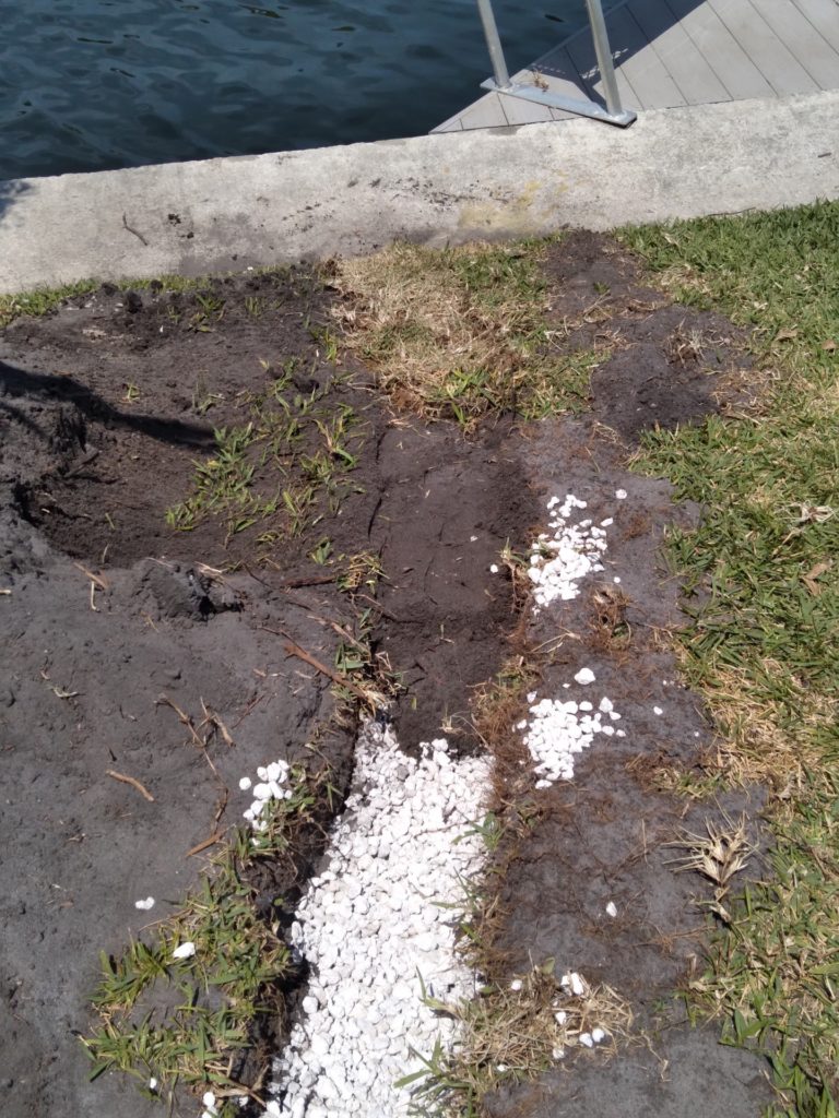 Erosion washout void next to seawall cap before repair